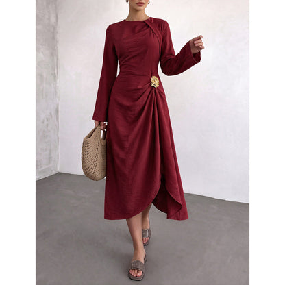 Round Neck Flare Sleeve Gold Ornament Ruched Midi Dress