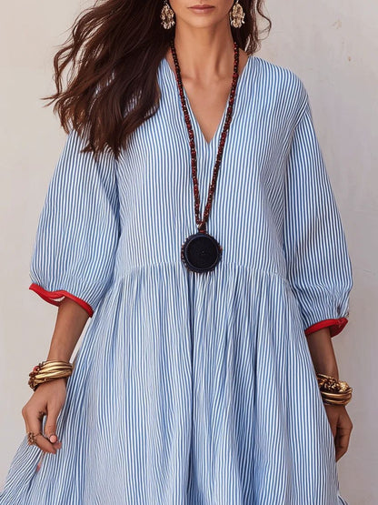 Stripe Red‑Trim Tiered Linen‑Blend Maxi Dress