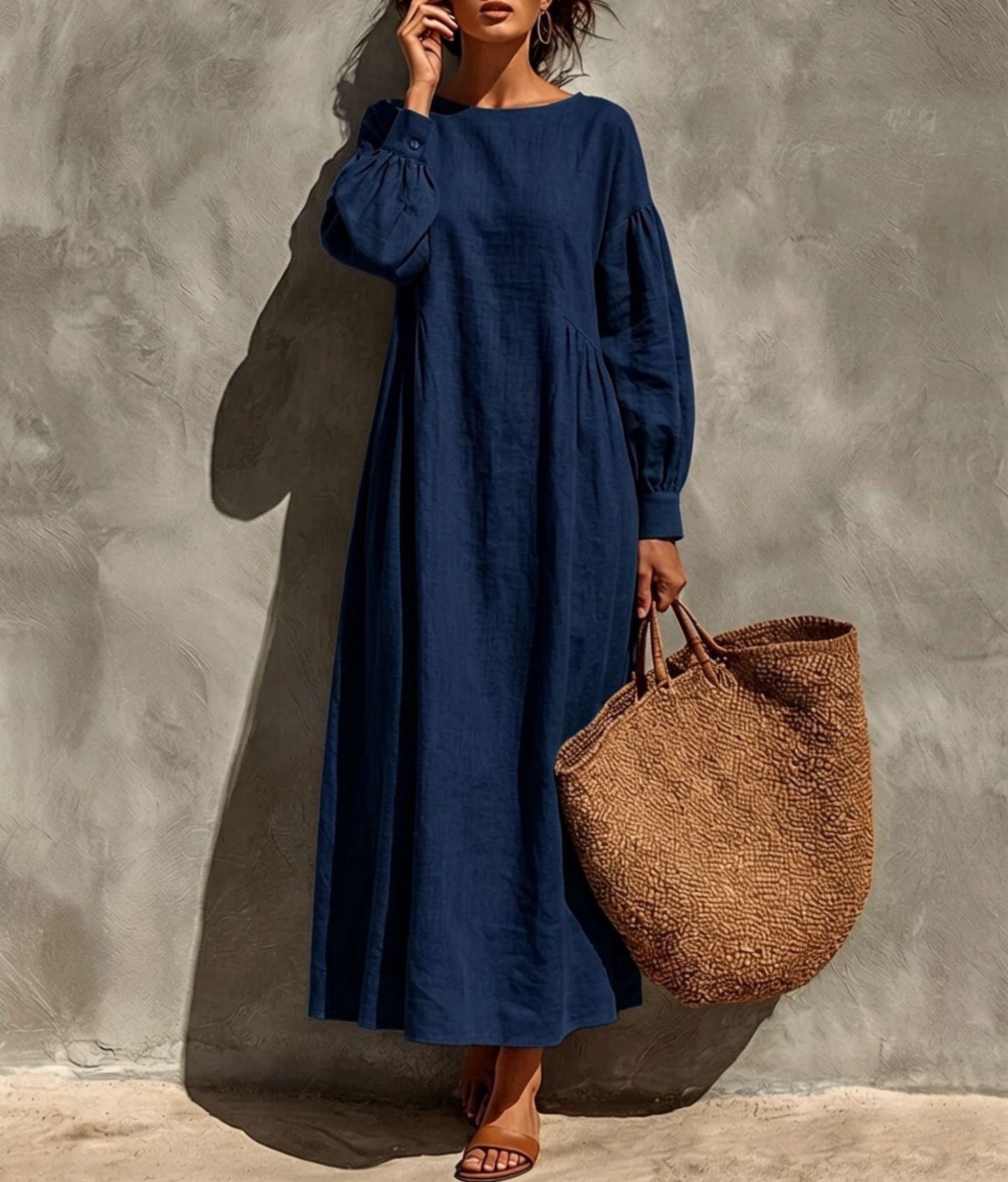 Linen Round Neck Balloon Sleeve Side Gather Midi Tent Dress