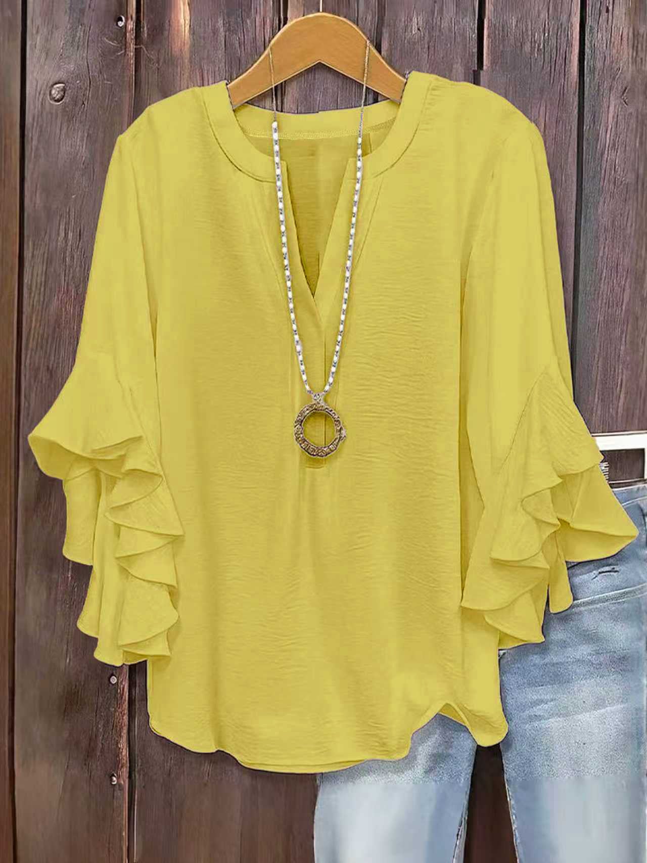 🍃 Plus Size Women's Floral V-Neck Blouse | Flowy Ruffled Sleeve Top for Arm & Tummy Flattering | Lightweight Casual Summer Shirt ☀️