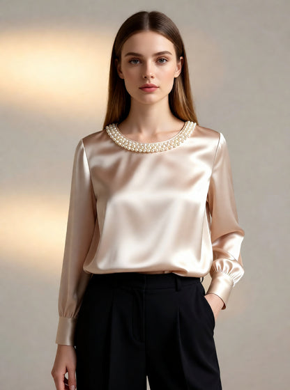 womens luxe satin pearl collar blouse fitting long