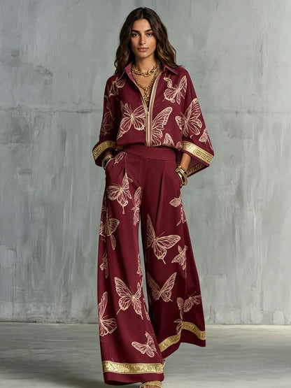 Butterfly Print Zip‑Front Blouse & Wide‑Leg Pant Two‑Piece Set