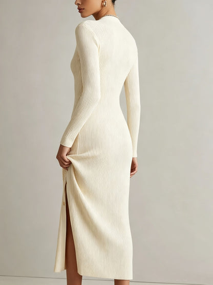 V‑Neck Button Front Ribbed Knit Slit Midi Dress