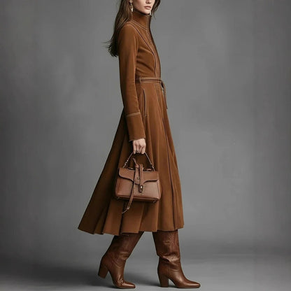Women's Solid Brown Suede Zip‑Front Belted Long‑Sleeve Midi Dress