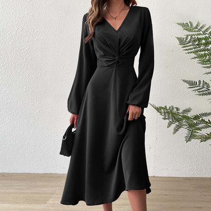 V‑Neck Twist‑Knot Waist Long‑Sleeve Midi Dress