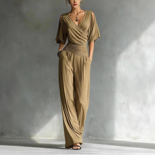 Cold Shoulder Wrap V Ruched Waist Wide Leg Jumpsuit