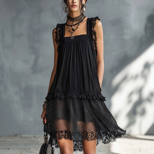 Black Lace Trim Polka‑Dot Layered Chiffon Midi Dress