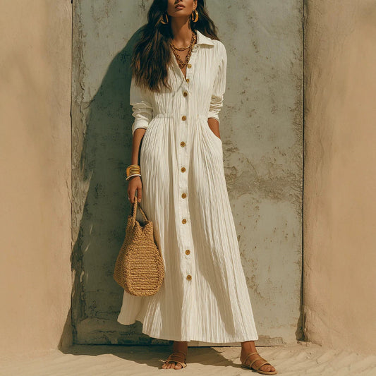 Oversized Crinkled Button Down Shirt Maxi Dress