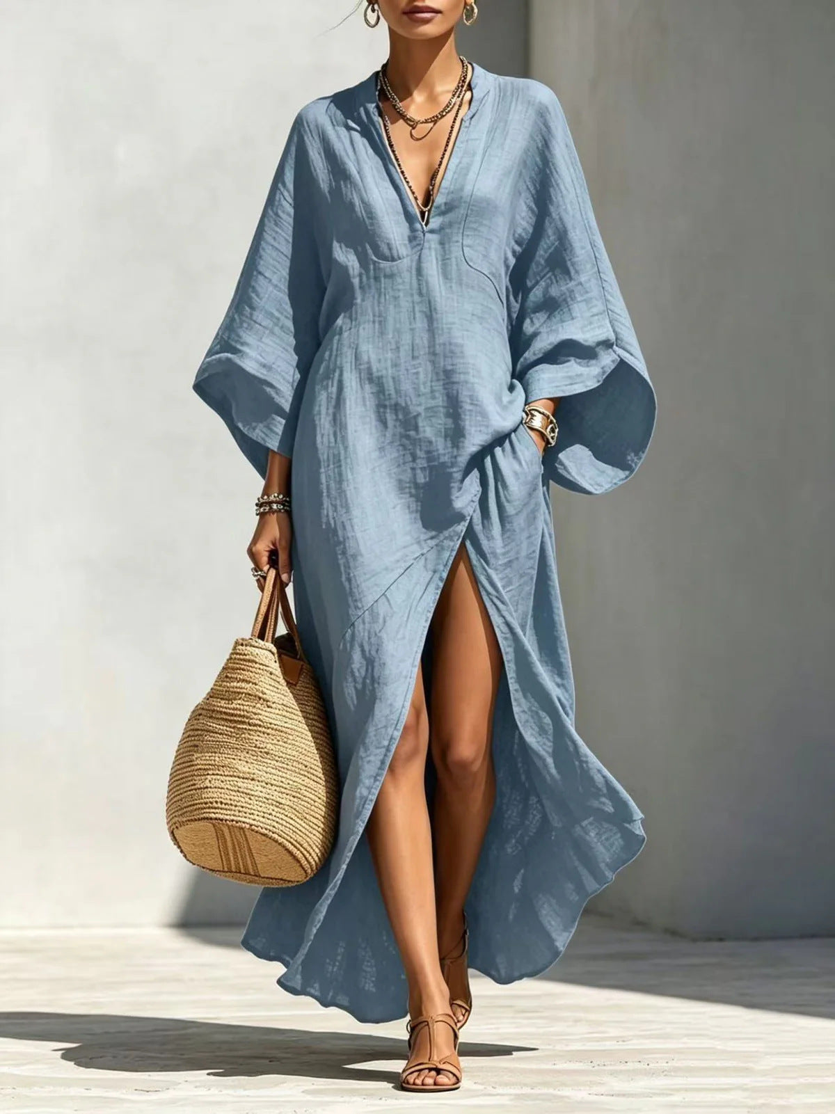 Batwing Sleeve Slit Linen Vacation Maxi Dress