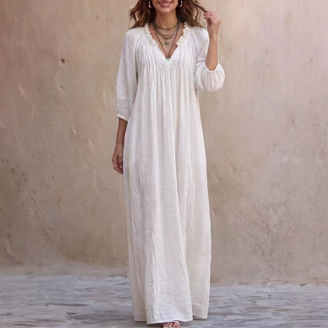 V‑Neck Ruffle Boho Maxi Dress Lantern 3/4 Sleeve Loose Casual Beach Cover‑up Caftan