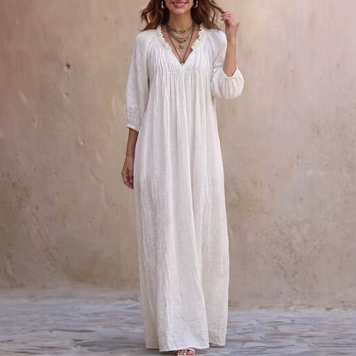 V‑Neck Ruffle Boho Maxi Dress Lantern 3/4 Sleeve Loose Casual Beach Cover‑up Caftan