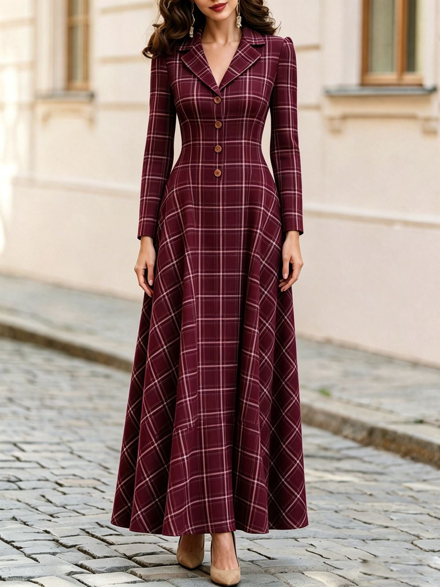 Classic Plaid Long Sleeve Maxi Dress