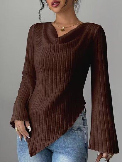 Women's White Ribbed V Neck Flare Long Sleeve Asymmetric Hem Slim Knit Top