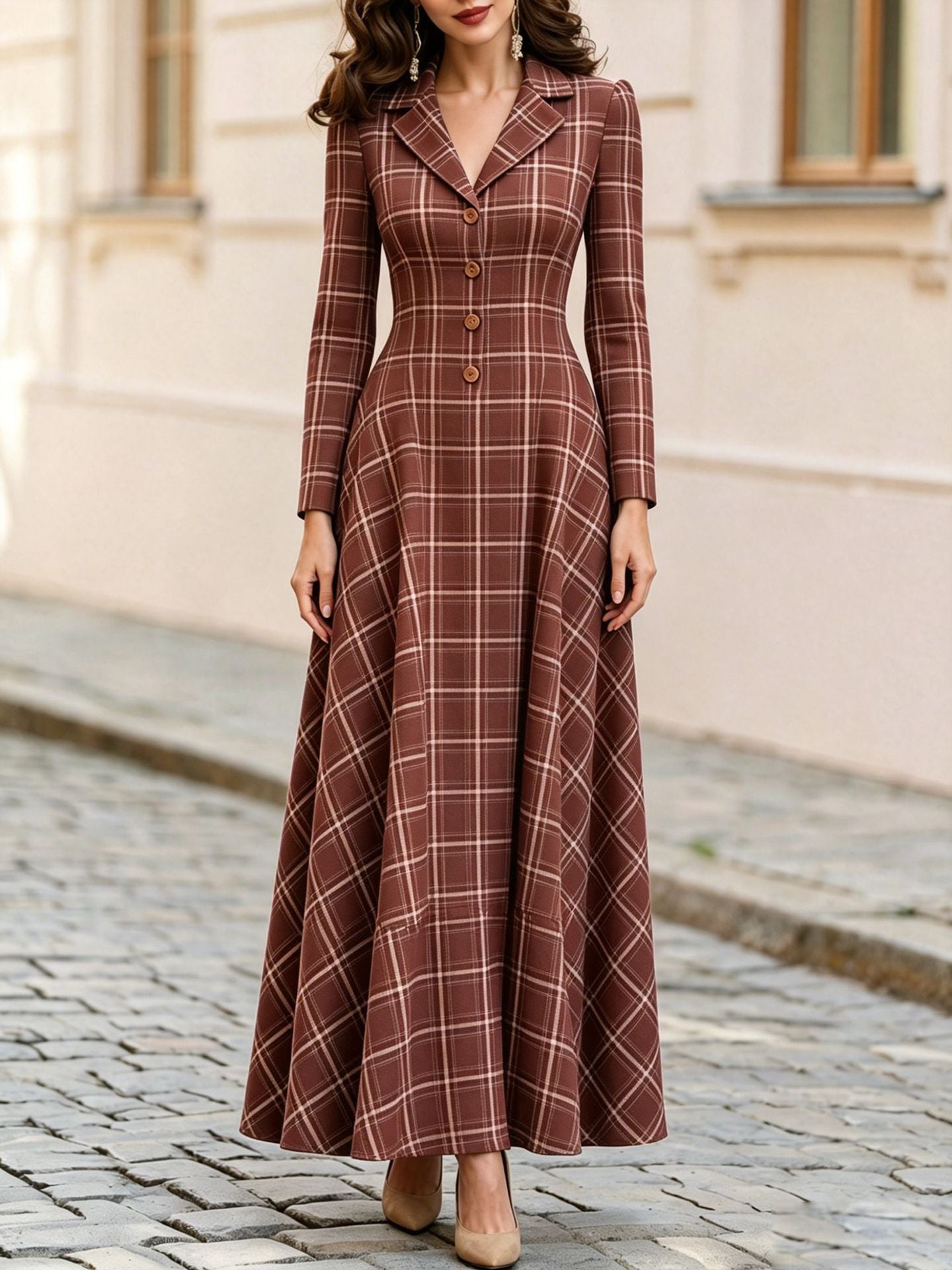 Classic Plaid Long Sleeve Maxi Dress