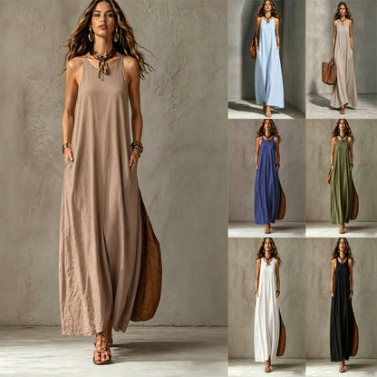 Textured Sleeveless Round Neck Pocketed Maxi Tent Dress