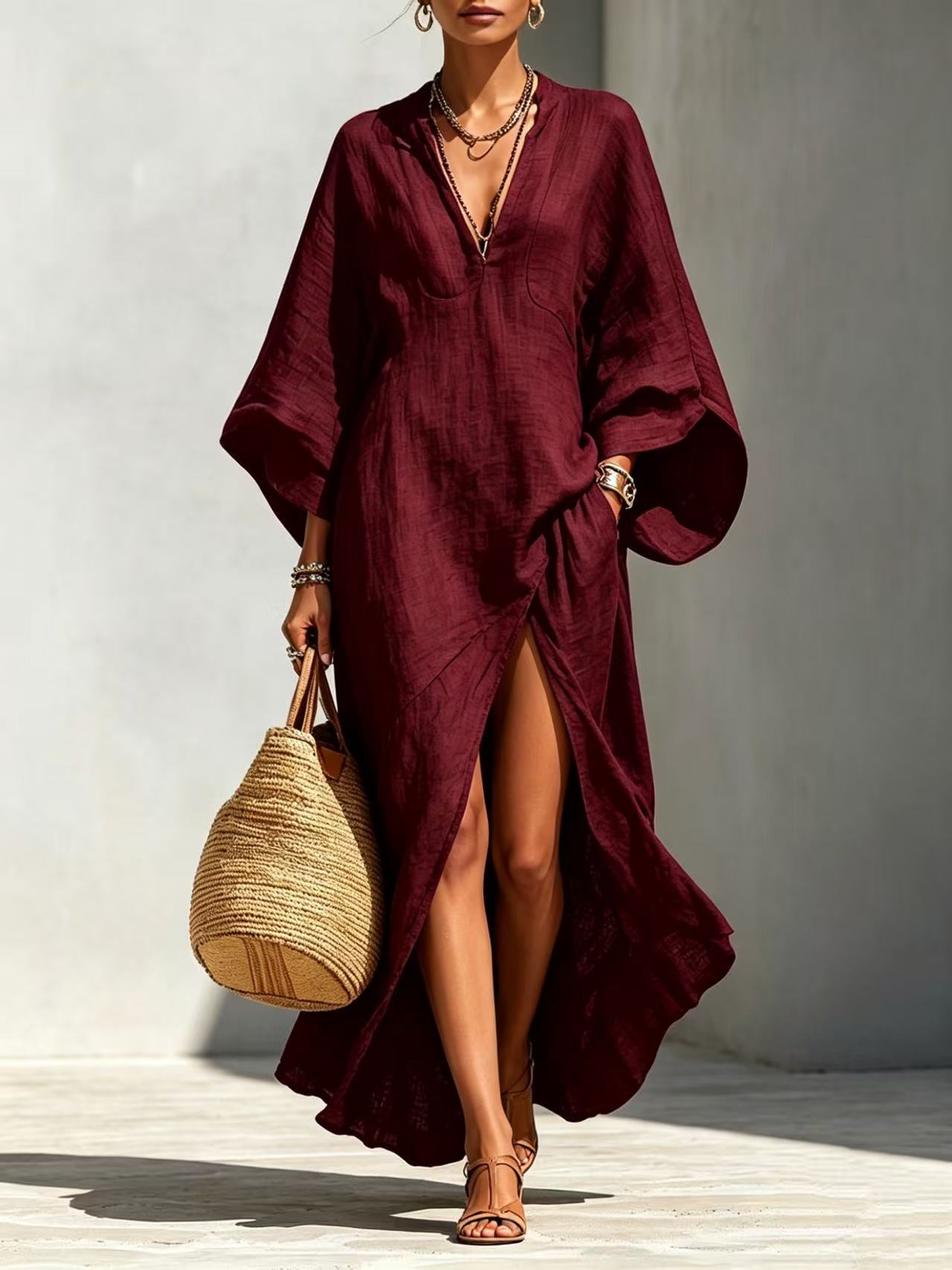 Linen‑Blend V‑Neck Kaftan Maxi Dress
