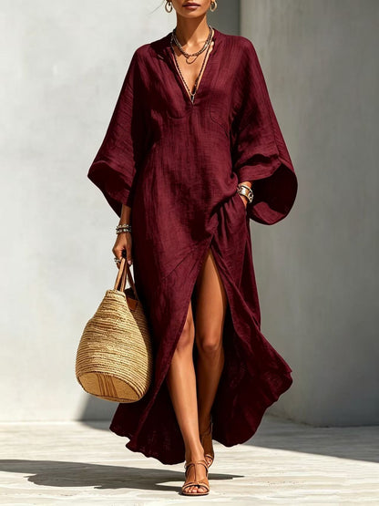 Linen‑Blend V‑Neck Kaftan Maxi Dress