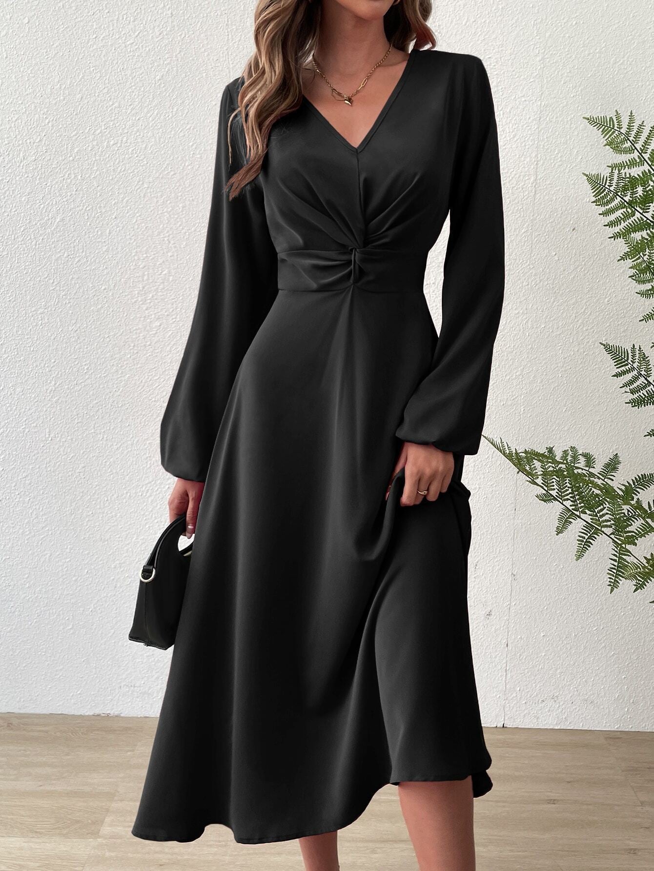 V‑Neck Twist‑Knot Waist Long‑Sleeve Midi Dress