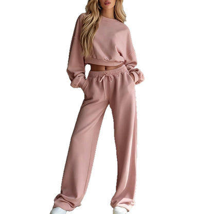 Women Casual 2‑Piece Tracksuit Set Cropped Sweatshirt Wide Leg Pants Loungewear Outfit