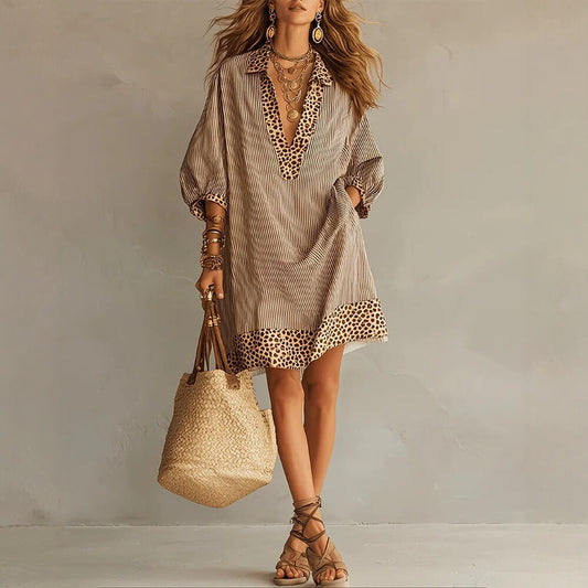 Striped Leopard Trim Loose Shirt Mini Dress