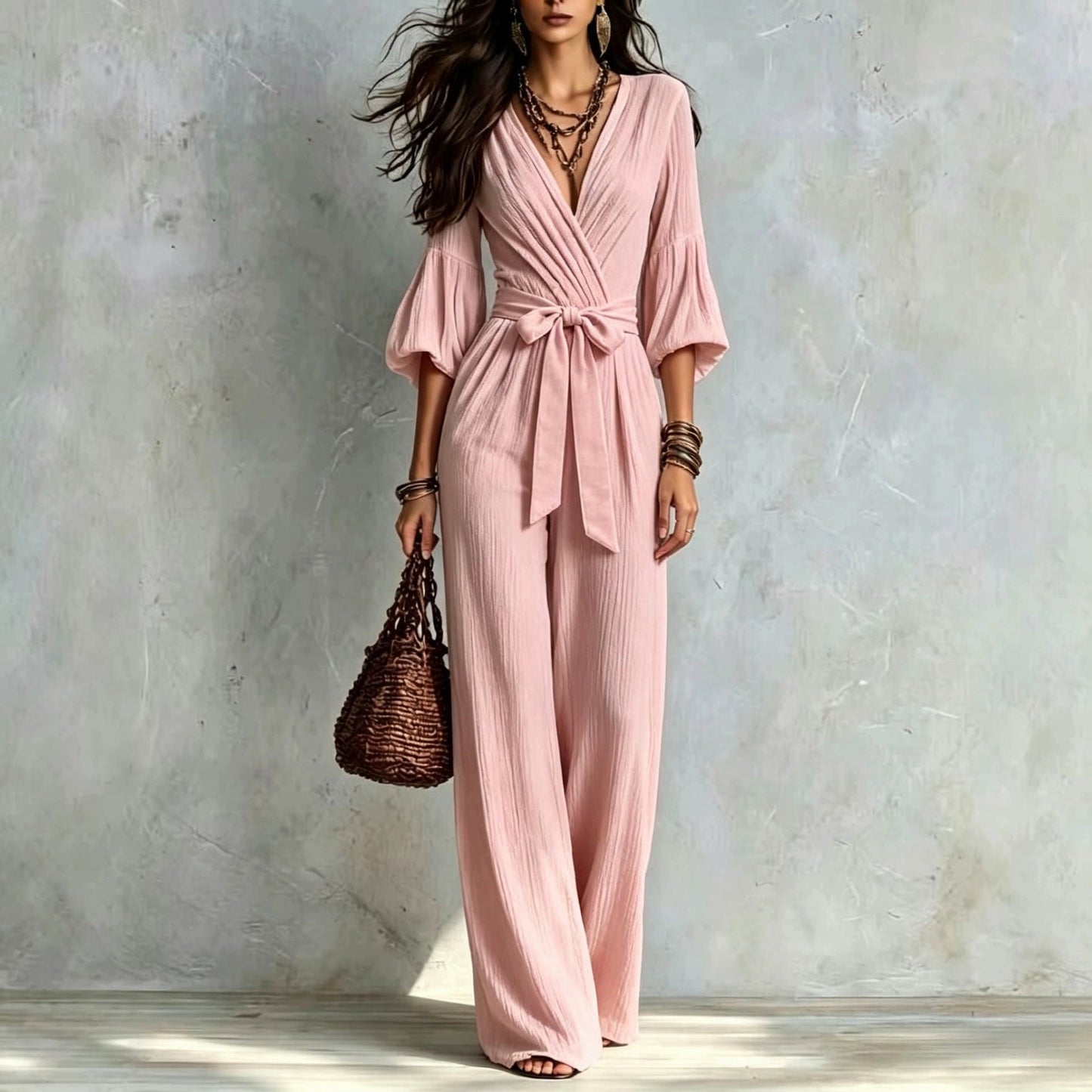 V‑Neck Wrap Belted Textured Wide‑Leg Jumpsuit With Balloon Sleeves
