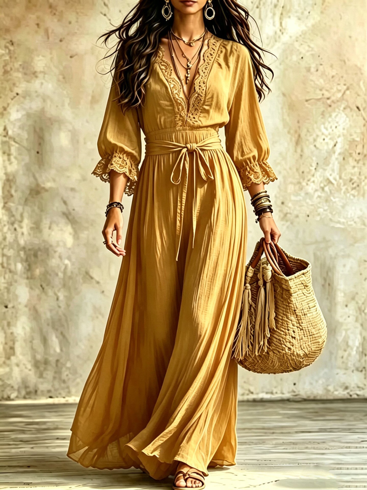 Women Boho V‑Neck Maxi Dress, 3/4 Flare Bell Sleeve Tie Waist A‑Line Flowy Long Dress Casual Vacation Beach Dress