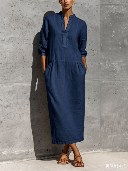 Linen Stand Collar Split V 3/4 Sleeve Drop Pocket Midi Dress