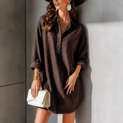 Linen Half Placket Oversized Roll Cuff Shirt Mini Dress