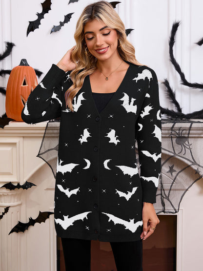 Women's Halloween Bat Moon Print V Neck Long Sleeve Button Front Knit Cardigan
