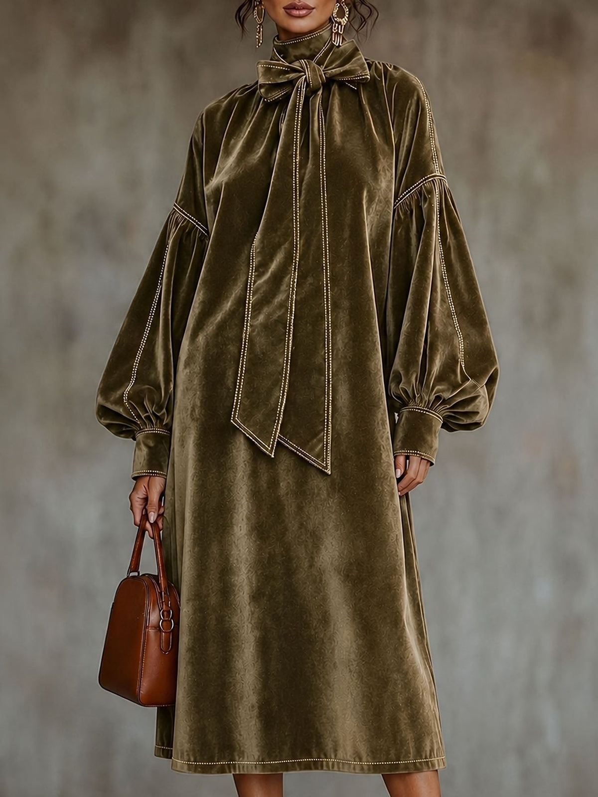 Velvet Midi Dress With Bow Detail And Lantern Sleeves - Khaki / XS(2) - Midi Dresses