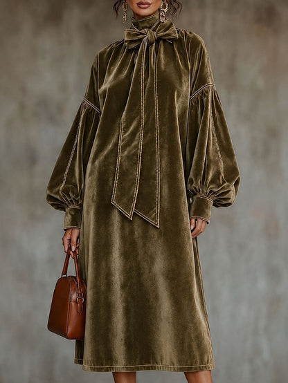 Velvet Midi Dress With Bow Detail And Lantern Sleeves - Khaki / XS(2) - Midi Dresses