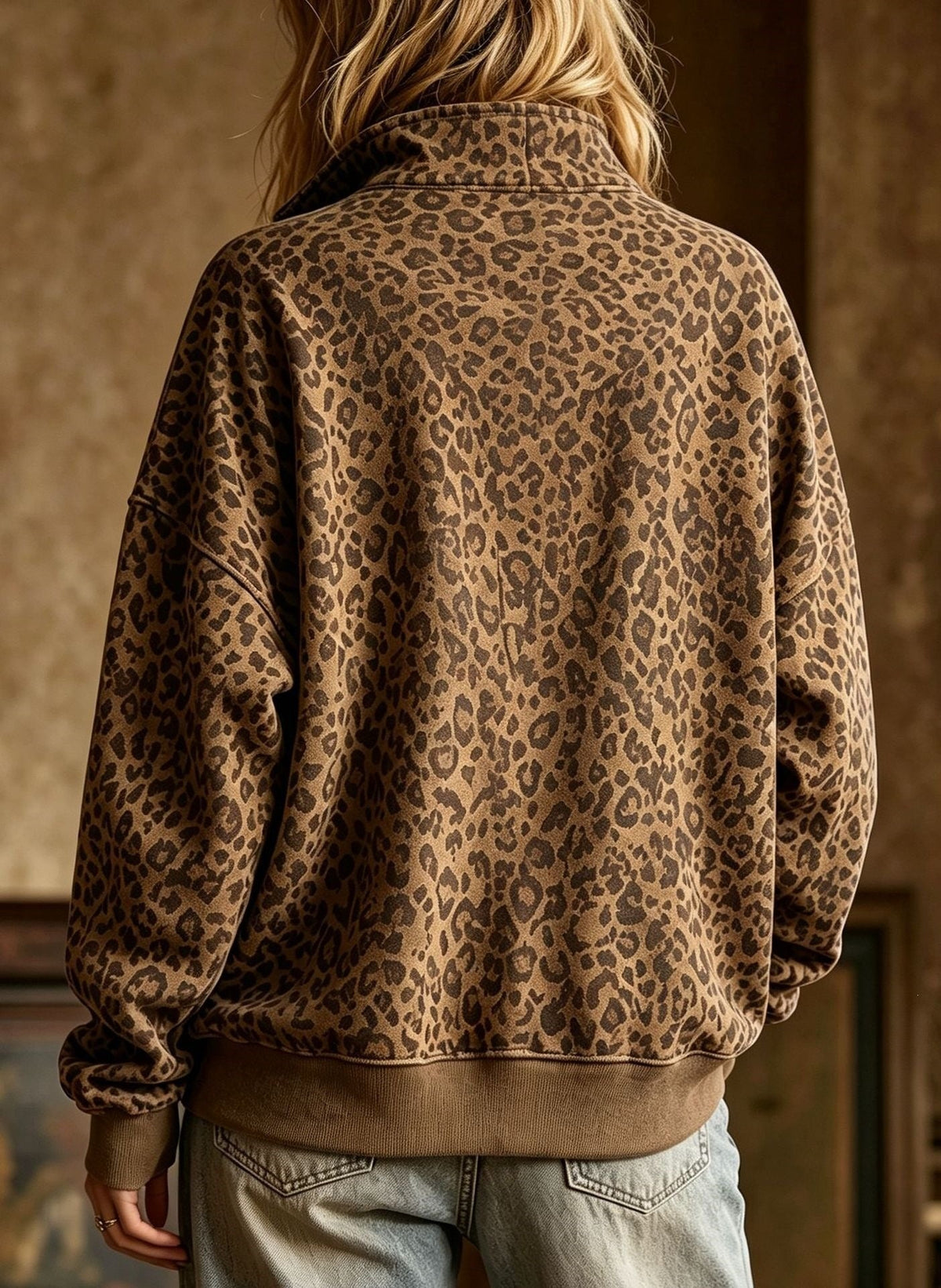 Women's Vintage Leopard Print Half Zip Long Sleeve Pullover Sweatshirt