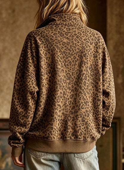Women's Vintage Leopard Print Half Zip Long Sleeve Pullover Sweatshirt