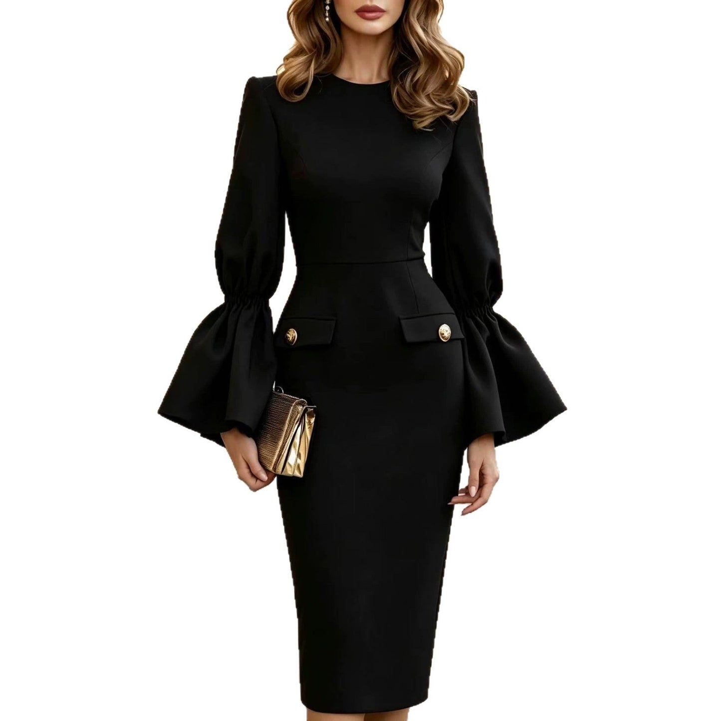 Women's Solid White Bell‑Sleeve Gold‑Button Pocket Pencil Midi Dress