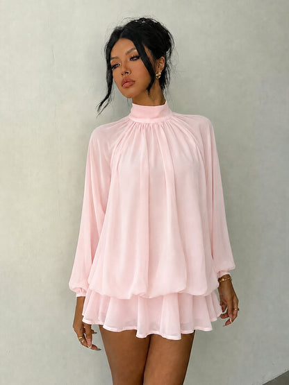 Mock Neck Long Sleeve Skort Dress Women Solid Ruffle Layer Hem Loose Casual Mini Dress