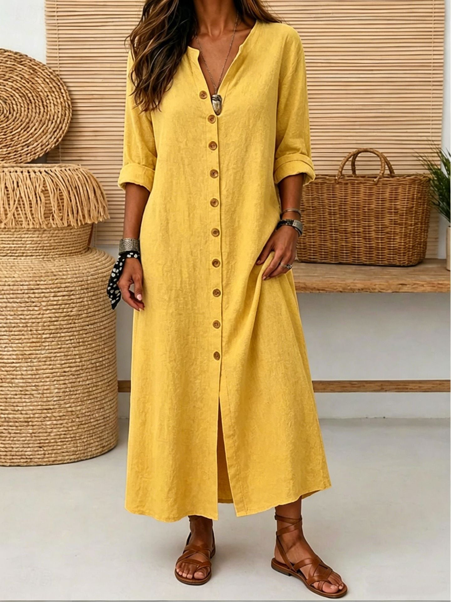 Linen Button-Down Maxi Dress