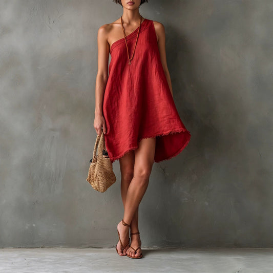 Linen One Shoulder Frayed Hem Asymmetrical Mini Swing Dress