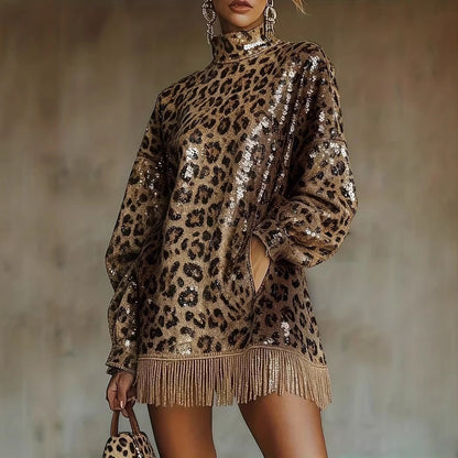 Metallic Sequin High-Neck Fringed Mini Skirt