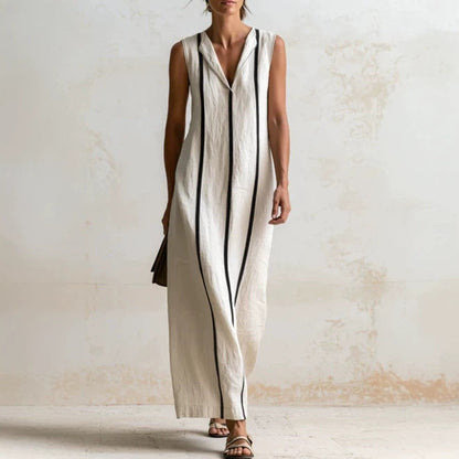 Off‑White Vertical Contrast Piping Linen Maxi Dress