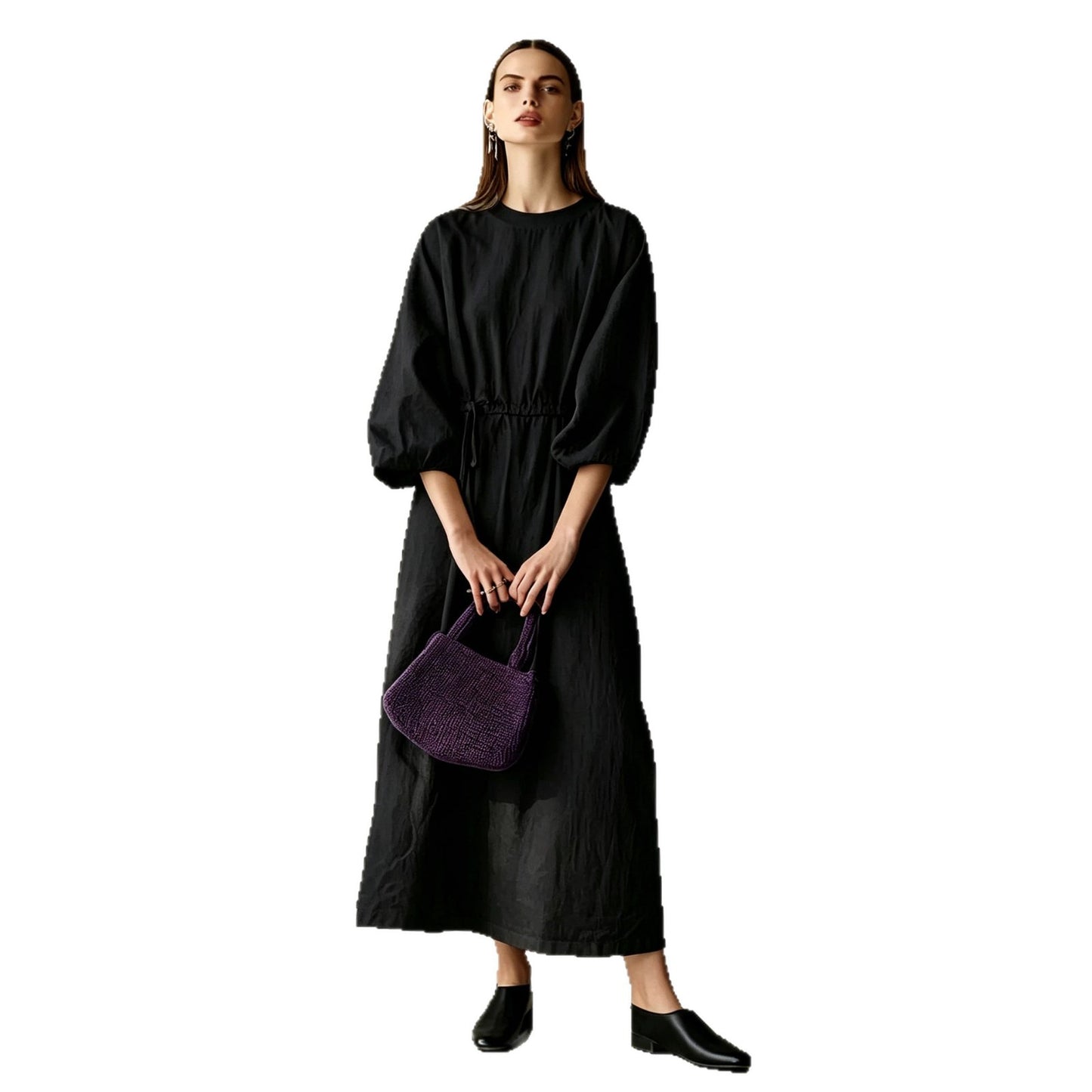 Women's Cream Textured Cotton-Blend Maxi Gown With Drop Shoulder Lantern Sleeves & Self Tie Waist Detail, Modern Effortless-Chic Everyday Maxi Dress