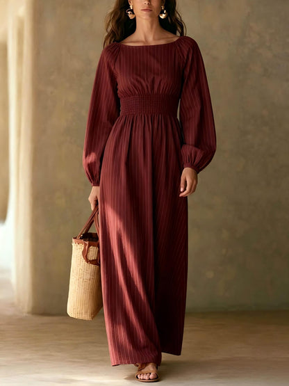 Pinstripe Smocked‑Waist Balloon Sleeve Maxi Dress