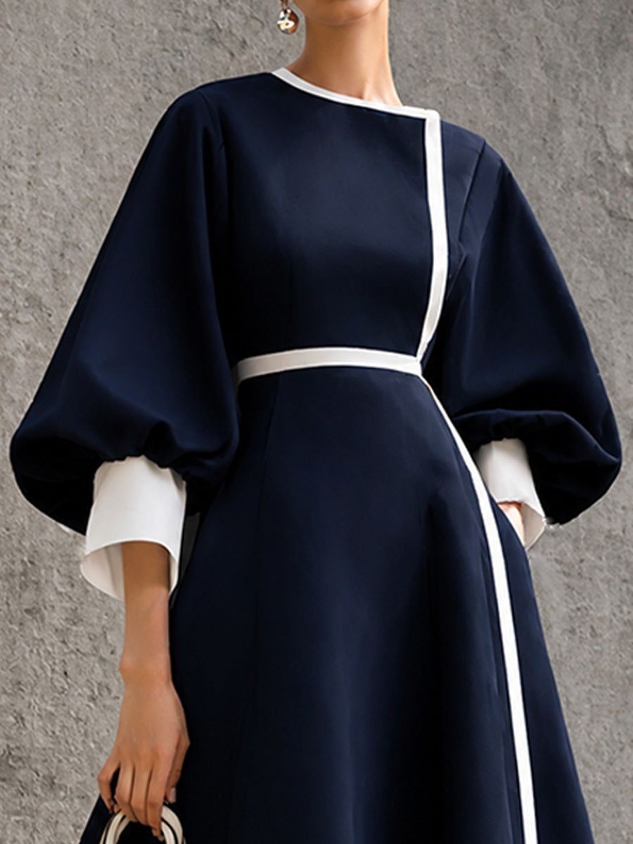 Women’s Solid Navy Contrast‑Trim Balloon‑Sleeve Belted Maxi Dress
