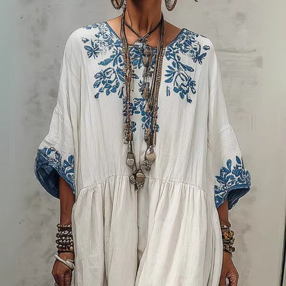 Floral Embroidery Gathered Waist Three Quarter Sleeve Kaftan Maxi Dress