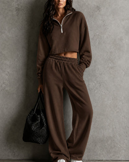 Half‑Zip Cropped Sweatshirt & Wide‑Leg Sweatpants Two‑Piece Set
