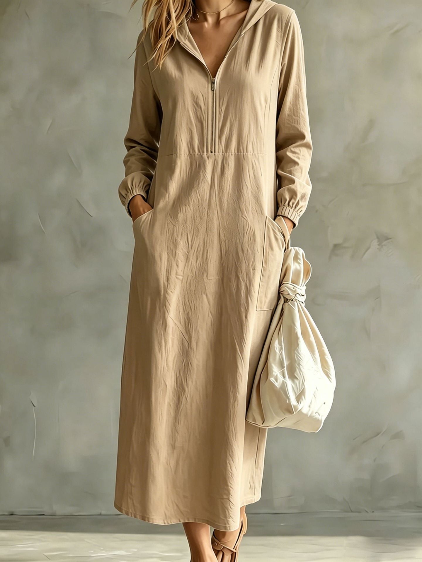 Hooded Zip-Neck Midi Dress