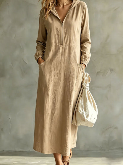Hooded Zip-Neck Midi Dress