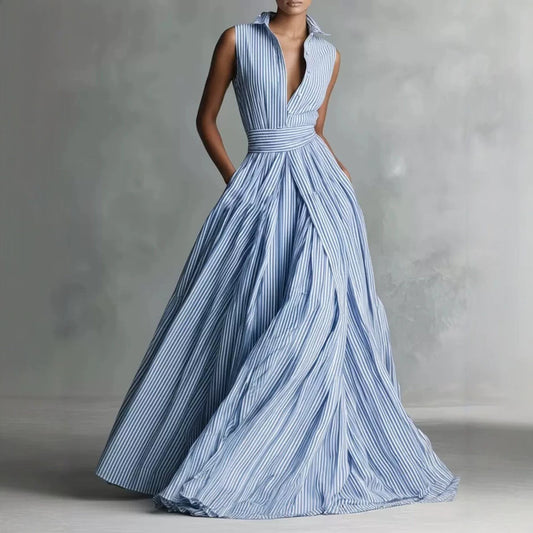 Sleeveless Striped Shirt Maxi Dress
