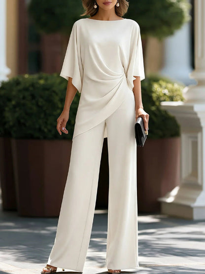 Women's Solid Boat Neck Batwing Sleeve Draped Top & Wide Leg Pants 2 Piece Jumpsuit Set
