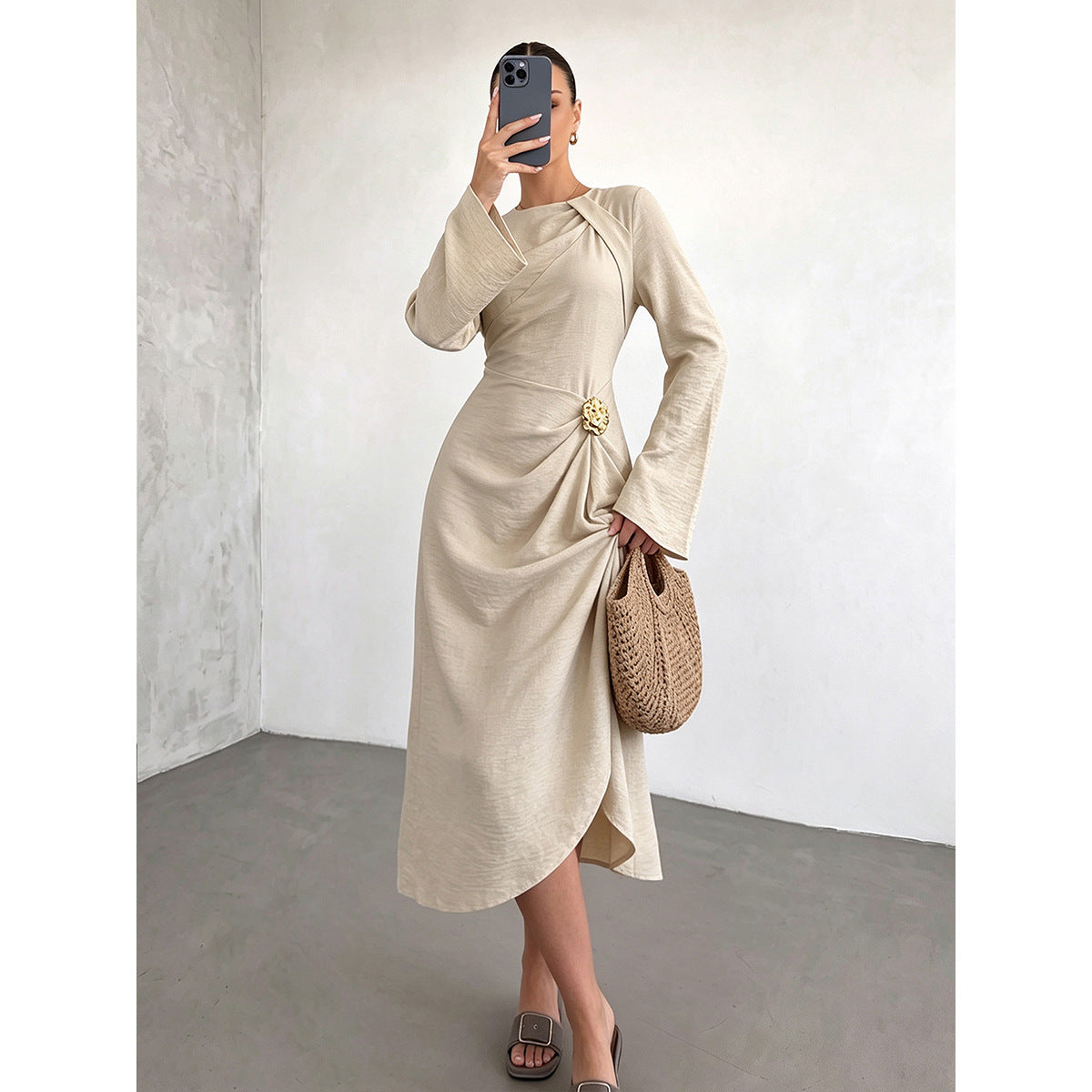 Round Neck Flare Sleeve Gold Ornament Ruched Midi Dress