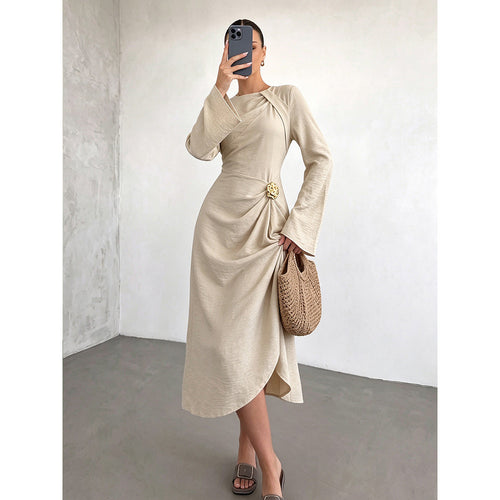 Round Neck Flare Sleeve Gold Ornament Ruched Midi Dress